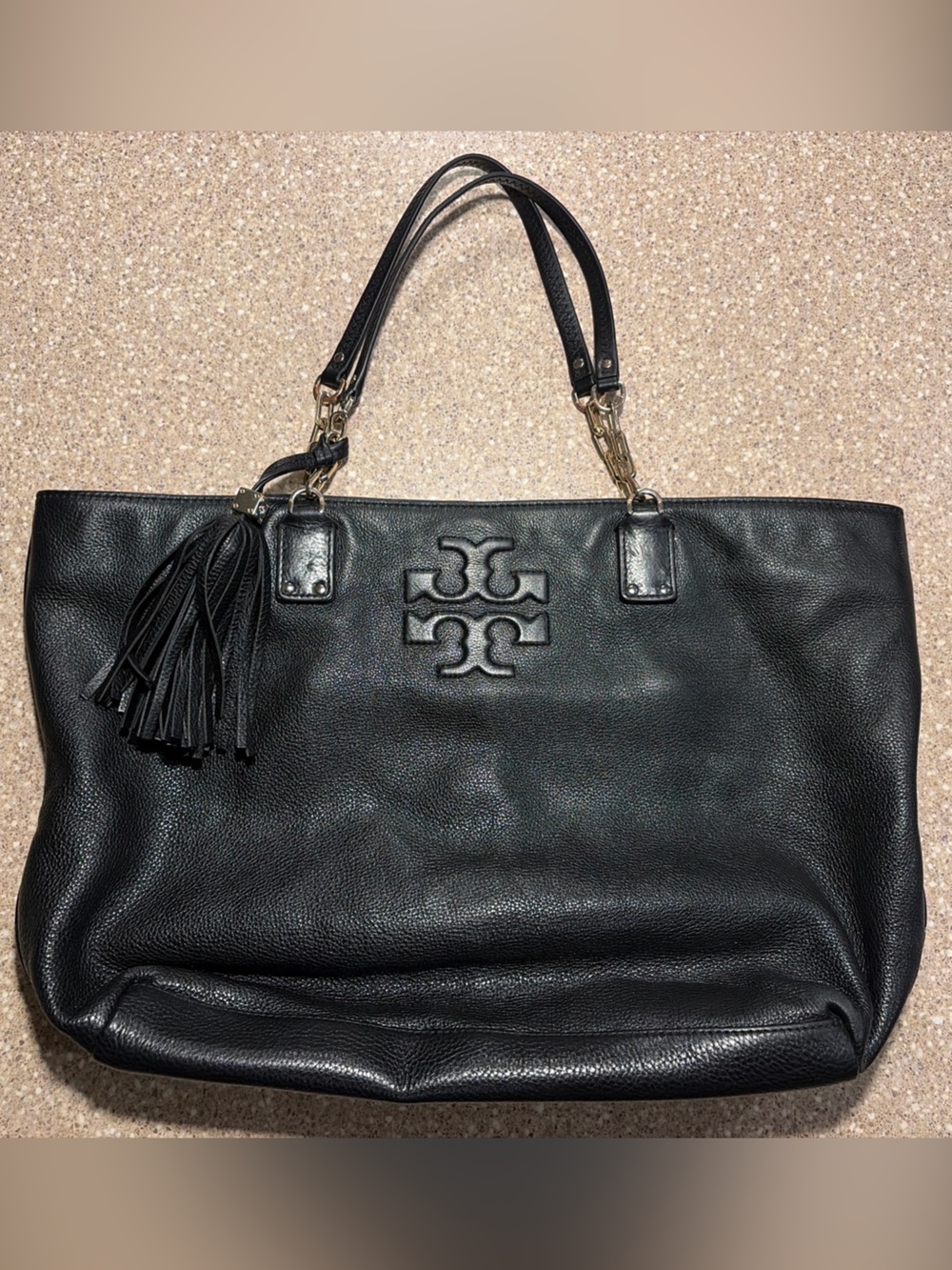 Tory Burch Thea Logo Pebbled Leather Tote Handbag Bag Charm Black Gold